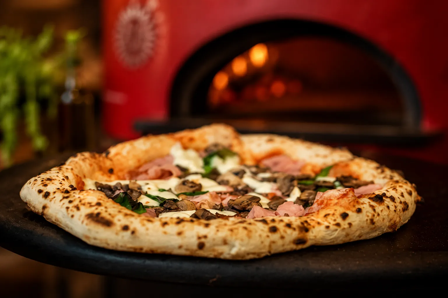 Pizza napolitana de borde leopardo saliendo del horno de leña